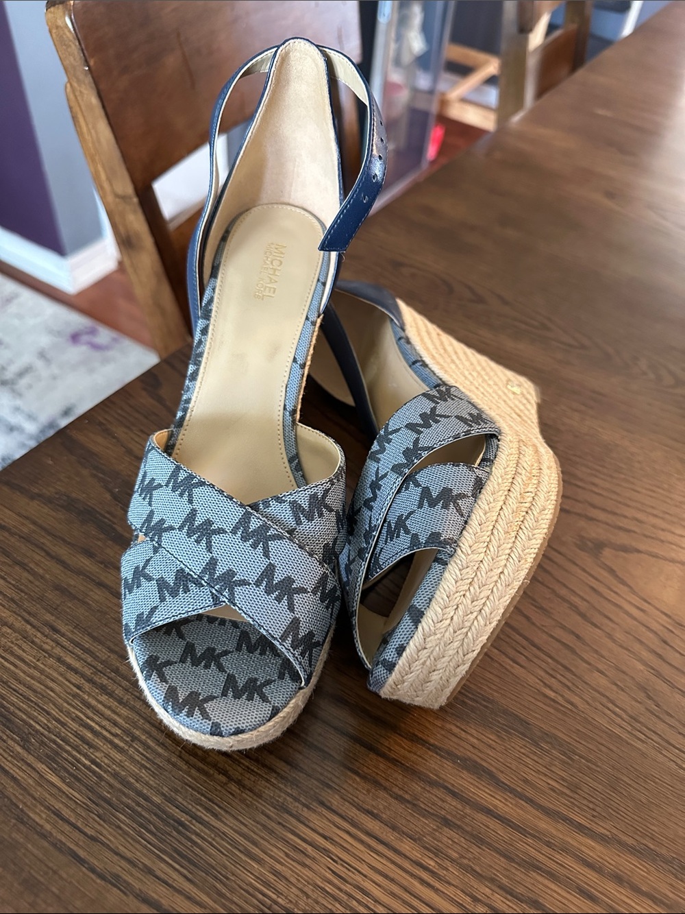 Michael Kors Navy and Tan MK Logo Espadrille Wedge Sandals